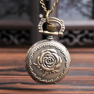 Pocket Watches Vintage Rose Dial Quartz Watch For Men Women Flower Engraved Case Fob Chain Pendant Necklace Clock Collection Gift