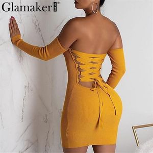 Glamake Sexy Kninted Off Hounder Bodycon Dress Women Lace Lace Up Mini Dress Elegant Female Summer Party Dress Vestido Y210W