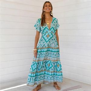 Sexy Printed Summer Maxi Dress Deep V Neck Short Sleeve Vintage Vestido Beach Boho Casual Clothes Long Women Dresses 20212474