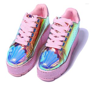 Dress Shoes Selling Vintage Metallic Leather Pink Lace-up Platform For Woman Round Toe Height Increasing Casual Shoe Muffin Heel