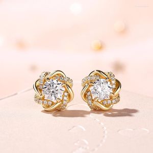 Stud Earrings Luxury Female Gold Color Crystal Round Vintage 925 Silver Needle Wedding Jewelry Zircon Flower For Women