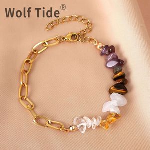 Wolf Tide 2024 Nova Natural Roxo Cristal Pedra Pulseiras de Aço Inoxidável Painel Duplo Link Pulseiras Pulseira Para Mulheres Para Melhores Amigos Encantos Estéticos