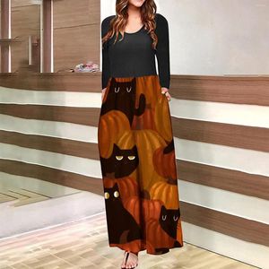 Vestidos casuais halloween para mulheres novidade bat abóbora impressão elegante manga longa tripulação pescoço maxi vestido outono banquete feminino