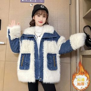 Coat 2024 Autumn Winter Girls Patchwork Fashion Design Long for Kids Outerwear Denim Wool 4 to 12 years old 231009