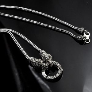 Hängsmycken verklig silver lång kedja retro halsband kvinnor s925 sterling marcasite sten hänge thailändska smycken