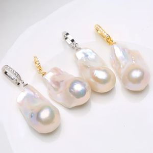 Pendant Necklaces Natural freshwater large Baroque irregularity magic light Pearl pendant inlaid with 925 sterling silver buckle adjustable15-30MM 231010