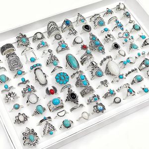 Hochzeit Schmuck Sets 50 100 Stück Lot Vintage Boho Blauer Stein Türkis Ringe für Frauen Großhandel Mix Stile Ethnische Fingerring Set Party Geschenke 231009