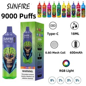 Original Sunfire Tornado 9000 Puffs Disponibla E Cigaretter 9K Puff Vape Pen Electronic Cigs 0.8Ohm Mesh Coil 18 Ml POD Battery Laddningsbar 0% 2% 3% 5% Big Vapor Pure Smoke