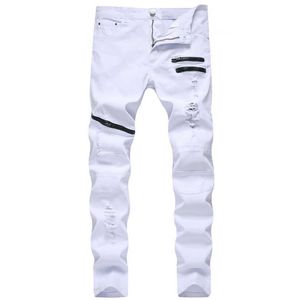 straight hole destruction trousers distressed jeans men denim trousers men jeans fashion designer brand white jean male X0621290u