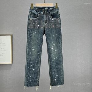 Jeans femininos ins moda strass 2023 outono cintura alta emagrecimento pesado bordado perfuração cortada calças retas