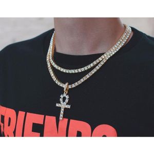 Hip Hop lodowany w zawieszce Ankh Cross Naszyjnik 4 mm łańcuch tenisowy Micro Pave CZ Stone