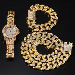 3pcs Set Men Hip Hop Iced Out Bling Chain Necklace Bracelets Watch 20mm Width Cuban Chains Necklaces Hiphop Charm Jewelry Gifts249b