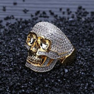 Hip Hop Copper Two Tone Skull Ring Iced Out Micro Paled Cubic Zircon Punk Fahion Ring for Men Women264V