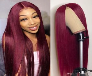 Rote Farbe Brasilianisches Remy-HaarKlebefreie lange gerade 99J 13x4 Spitzenfront-Echthaarperücke vorgezupft mit Babyhaar3488438