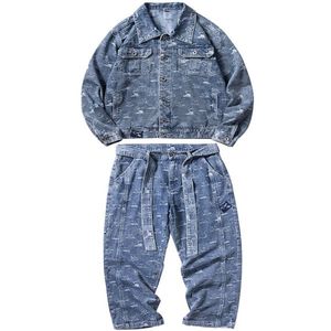 Storlek M-5XL MANA TRACKSUITS Streetwear Hip-Hop Loose Men's Jeans sätter nya överdimensionerade tryckta långärmade denimjacka och byxor249j