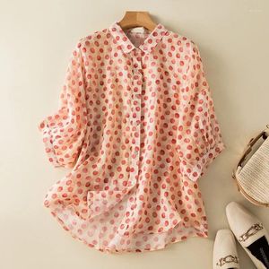 Женские блузки из хлопка и льна, рубашка с короткими рукавами и принтом в горошек, летняя корейская мода, литературная элегантность, свободный повседневный топ большого размера