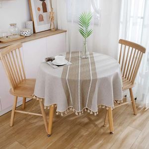 Tischdecke im modernen Japan-Stil, beige, grau, rund, 150 cm, Baumwollleinen, Café-Abdeckung mit Quaste für die Heimdekoration 231009