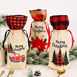 Xmas Decorations Linen Santa Claus Wine Bottle Cover Faceless Doll Nordic Car Plaid Christmas Wine Bag Party Hanging Ornament SN4478