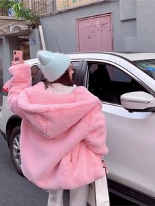 Womens Fur Faux Vintage Women Sweet Pink Coats Female Winter Thick Warm Streetwears Korean Street Hooded Fashion Oversize Outerwears 231010