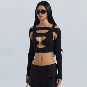 Women's T Shirts Sexy Cut Out Crop Tops Y2k Streetwear Black Unique Shirts for Women Long Sleeve Tees 2023 Fall Woman Clothes