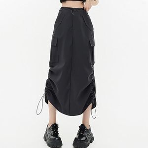 Skirts Black Pocket Straight Cargo Long For Women Vintage Streetwear Drawstring Split High Waist Casual Loose Y2k Skirt