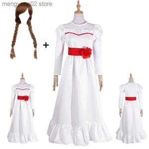 Temadräkt conjingdoll annabelle halloween skräck vit klänning cosplay come anime spel långärmad o nack kvinnlig utför klänningar t231011