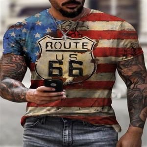 Summer New Mens T Shirts Oversized Loose Clothes Vintage Short Sleeve Fashion America Route 66 Letters Printed O Collared Tshirt255r