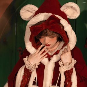 Casual klänningar original söt björn tryckt på långärmad röd lolita klänning med kappa jul år kawaii docka krage båge prinsessan
