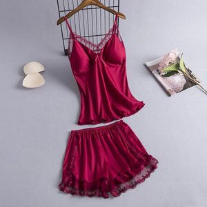 Casa roupas de cetim 2 pçs pijamas terno feminino cinta topshorts sexy rendas pijamas lingerie íntima roupa de dormir borgonha