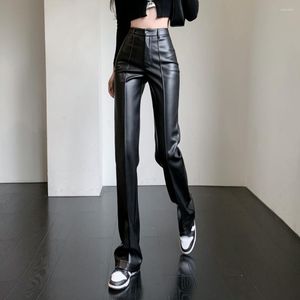 Damenhose Schwarz PU-Leder Hohe Taille Gerade Lose Straße Retro Damen Hose mit weitem Bein Qualität