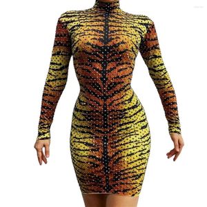 Stage Wear Leopard Long Sleeves High Neck Women Sexy Zipper Rhinestones Dress Party Club Festival Rave Outfits Costume