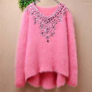 Kvinnors tröjor damer kvinnor faller vinterkläder söt rosa pärlor hårig mink kashmir stickad v-ringning smala blusar pullover angora