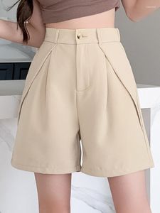 Kvinnors shorts qoerlin s-xxl chic design khaki svart hög midja elastisk modeficka bred ben elegant kontor dam