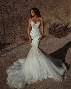 Wedding Slim Beaded Dresses Lace Appliques Mermaid Fit Sweetheart Neck Sexy Bridal Gowns Backless Long Ivory Tulle Bride Dress Custom Made