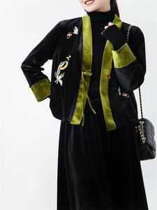 Kurtki damskie w stylu chińskim Kobiety w stylu vintage dekolt w stylu dekolt luźne retro aksamitne swetra czarny elegancki feniks duży krótka kurtka