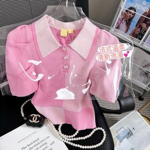 새로운 여성용 회전 칼라 니트 짧은 퍼프 슬리브 핑크 컬러 스웨터 탑 티즈 플러스 크기 smlxlxxl285c
