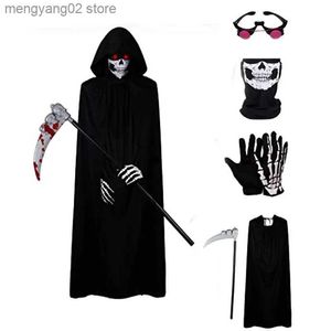 Tema Kostüm Yetişkin Çocuklar Cadılar Bayramı Demon Hayaletler Giydirme Partisi Erkek Kadınlar Siyah Şeytan Grim Reaper Cosal Giysileri ve Maskesi T231011