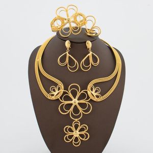 Collana Orecchini Set Dubai Gioielli Placcati In Oro Per Donna Elegante Design Floreale Di Lusso Lungo E Con Anello Bracciale