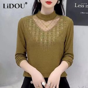 Women's T Shirts 2023 Spring Autumn Solid Color Fashion Stand Collar Long Sleeve T-shirt Women Casual Vintage Elegant Lace Patchwork