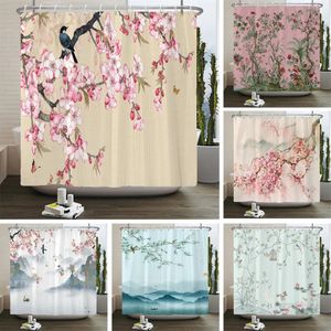 Cortinas de chuveiro padrão de flores e pássaros cortina de chuveiro 3D tela de banho tecido impermeável decoração de banheiro 240x180cm com gancho cortinas de chuveiro 231007