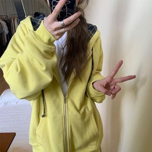 Women's Hoodies Deeptown Vintage Y2k Zip Up Women Oversized American Retro Preppy Style Plaid Sweatshirts Grunge Korean Harajuku Fashion