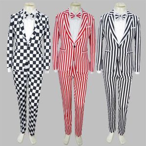 Män sätter Bebes Black White Plaid Coat Pants Bow Tie 3st Male Singer Suit Clown Costume Magic Stage Show Theme Striped 4xl Suit X0237f