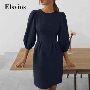 Casual Dresses Fall Elegant Round Neck Office Lady Dress Simple Slim Vintage Party Fashion Solid Women Lantern Sleeve A-Line