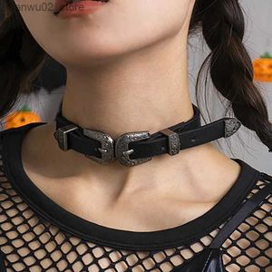 Outros acessórios de moda IngeSight.Z gótico duplo PU couro fivela gargantilha colar para mulheres sexy punk cinto buck colarinho Halloween Bar corpo jóias presente Q231011