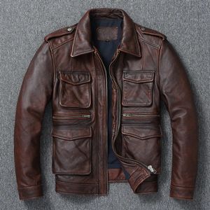 Giacca da moto in vera pelle da uomo in ecopelle in vera pelle retrò vecchio stile Cappotto con risvolto slim fit in pelle bovina con strati di testa pura tendenza casual 231010