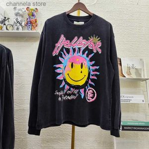 Herrtröjor tröjor 23SS Hellstar tee topp American Sun Flower leende ansikte tryck tung tvättad Do Old Round Neck Long Sleeve T -shirt T231011