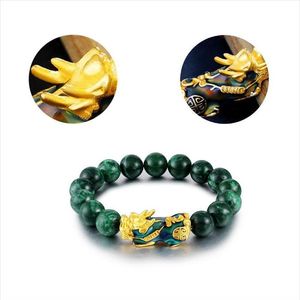 8 12mm Pietra di ossidiana Perline Bracciale Chakra Feng Shui Buona fortuna verde Ricchezza Bracciale donna in oro Pixiu Charms Bracciale Uni K1G2200a