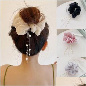 Hair Accessories Tassel Pearl Pendant Hair Tie Rope Women Elastic Bands Beaded Loop Ring Accessory Silky Scrunchie Vintage Cute Rubber Dhlgv