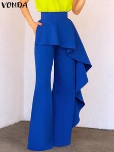 Женские брюки VONDA, элегантные женские офисные широкие брюки, летние брюки с высокой талией и рюшами, 2023, модные повседневные однотонные брюки с карманами