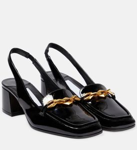 2023 Winter Dress Pump를위한 Winter Dress Pump andal Sandal Shoes Diamond Tilda 45mm 블록 Heel Patent Leather Slingback Pump Mary Heels Gold Chain 파티와 검은 흰색 사각형 발가락